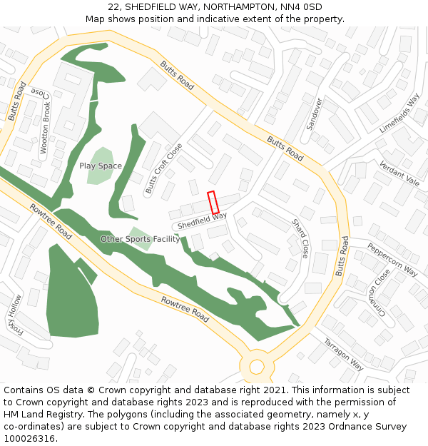 22, SHEDFIELD WAY, NORTHAMPTON, NN4 0SD: Location map and indicative extent of plot