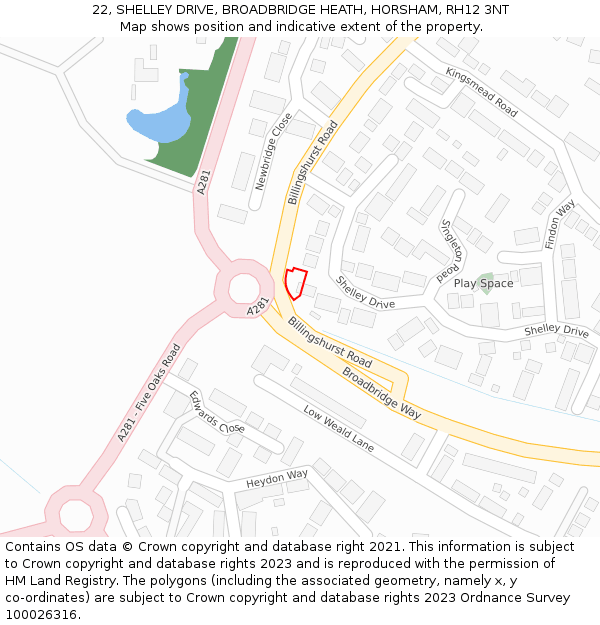 22, SHELLEY DRIVE, BROADBRIDGE HEATH, HORSHAM, RH12 3NT: Location map and indicative extent of plot