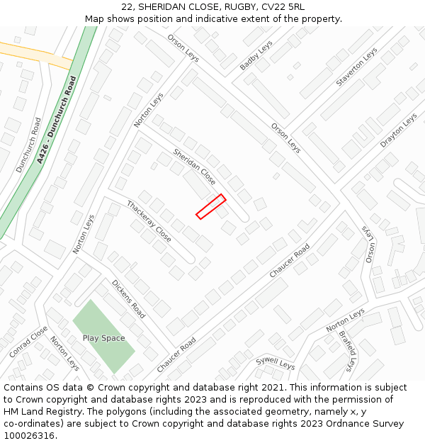 22, SHERIDAN CLOSE, RUGBY, CV22 5RL: Location map and indicative extent of plot