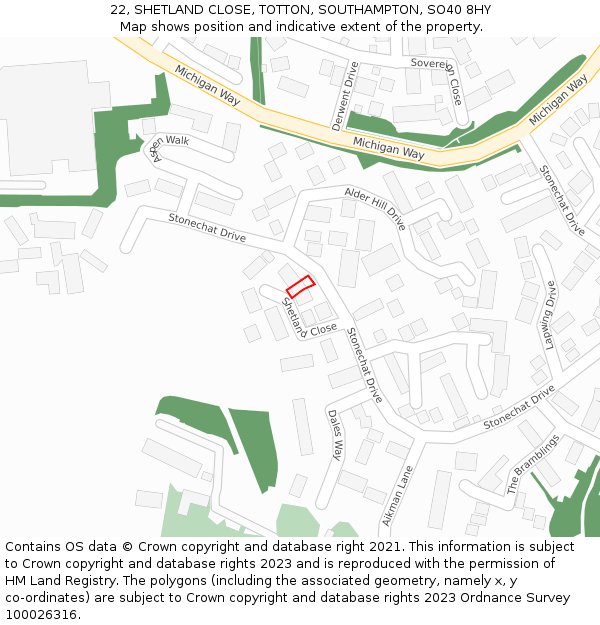 22, SHETLAND CLOSE, TOTTON, SOUTHAMPTON, SO40 8HY: Location map and indicative extent of plot