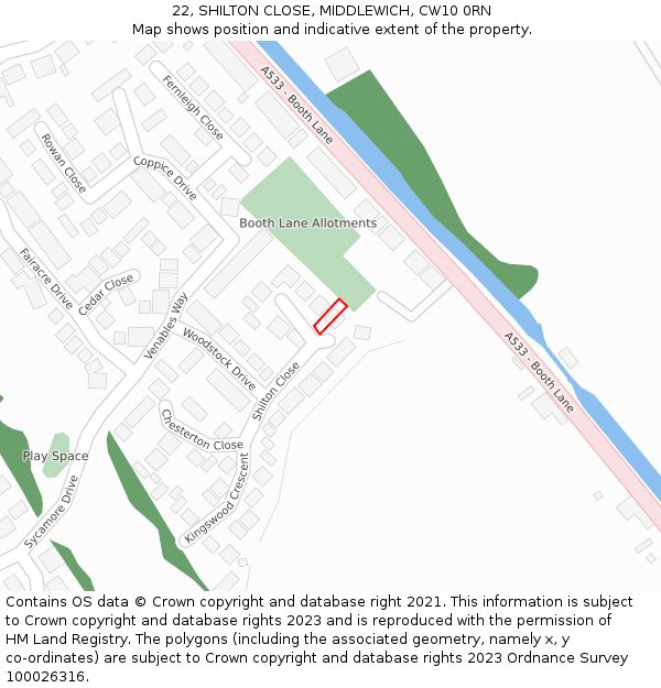 22, SHILTON CLOSE, MIDDLEWICH, CW10 0RN: Location map and indicative extent of plot