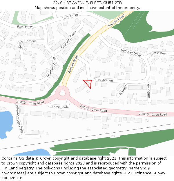 22, SHIRE AVENUE, FLEET, GU51 2TB: Location map and indicative extent of plot