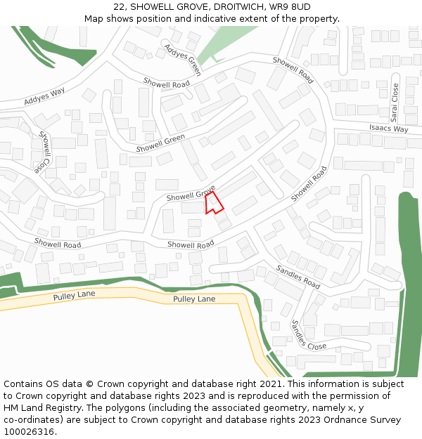 22, SHOWELL GROVE, DROITWICH, WR9 8UD: Location map and indicative extent of plot