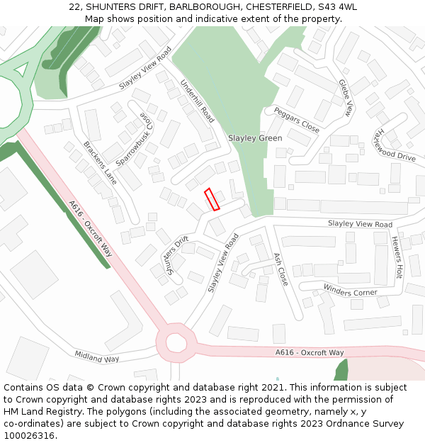 22, SHUNTERS DRIFT, BARLBOROUGH, CHESTERFIELD, S43 4WL: Location map and indicative extent of plot