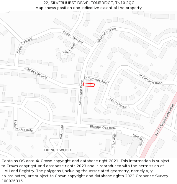 22, SILVERHURST DRIVE, TONBRIDGE, TN10 3QG: Location map and indicative extent of plot