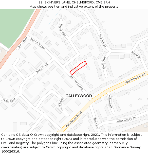 22, SKINNERS LANE, CHELMSFORD, CM2 8RH: Location map and indicative extent of plot