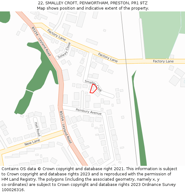 22, SMALLEY CROFT, PENWORTHAM, PRESTON, PR1 9TZ: Location map and indicative extent of plot