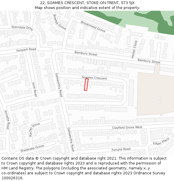 22, SOAMES CRESCENT, STOKE-ON-TRENT, ST3 5JX: Location map and indicative extent of plot