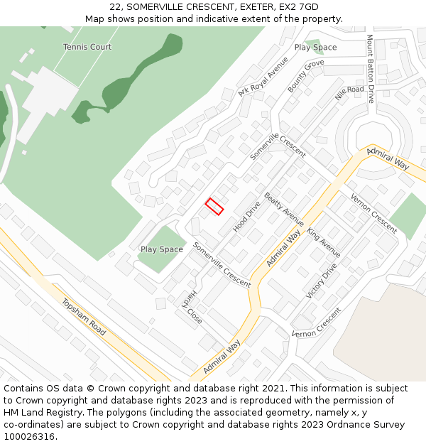 22, SOMERVILLE CRESCENT, EXETER, EX2 7GD: Location map and indicative extent of plot