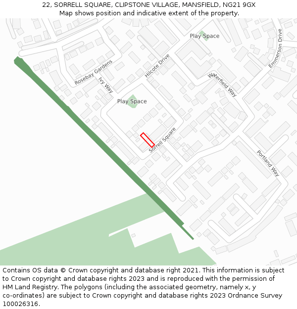 22, SORRELL SQUARE, CLIPSTONE VILLAGE, MANSFIELD, NG21 9GX: Location map and indicative extent of plot