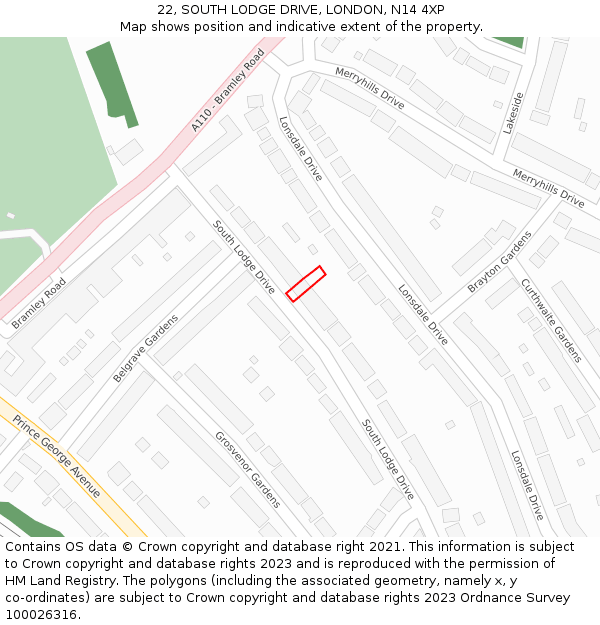 22, SOUTH LODGE DRIVE, LONDON, N14 4XP: Location map and indicative extent of plot