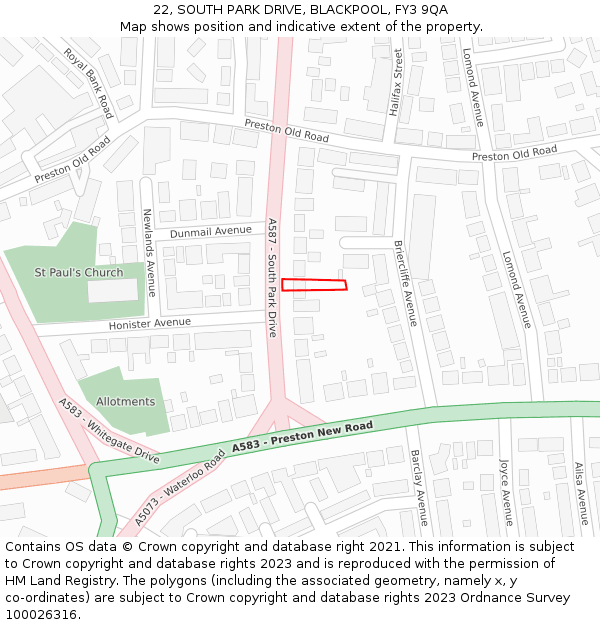 22, SOUTH PARK DRIVE, BLACKPOOL, FY3 9QA: Location map and indicative extent of plot