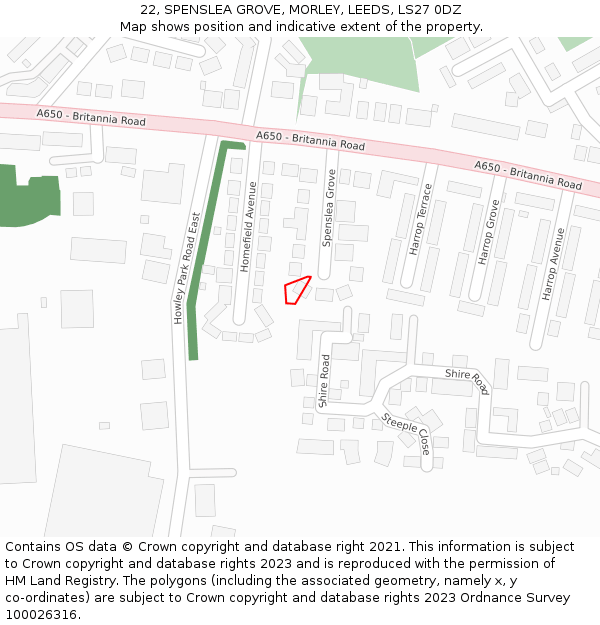 22, SPENSLEA GROVE, MORLEY, LEEDS, LS27 0DZ: Location map and indicative extent of plot