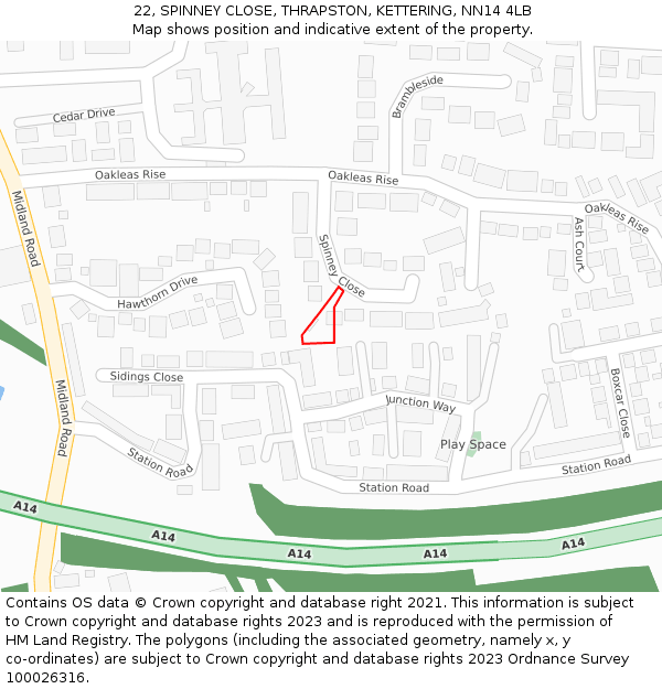 22, SPINNEY CLOSE, THRAPSTON, KETTERING, NN14 4LB: Location map and indicative extent of plot