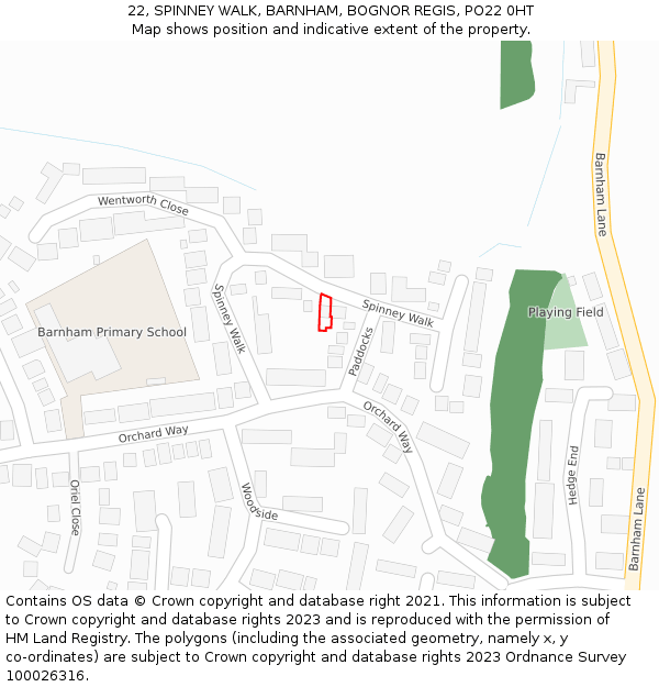 22, SPINNEY WALK, BARNHAM, BOGNOR REGIS, PO22 0HT: Location map and indicative extent of plot