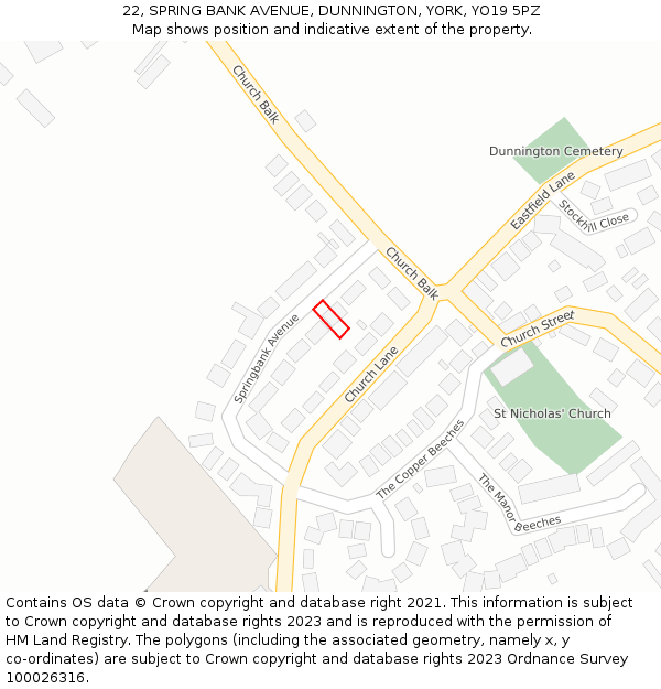 22, SPRING BANK AVENUE, DUNNINGTON, YORK, YO19 5PZ: Location map and indicative extent of plot