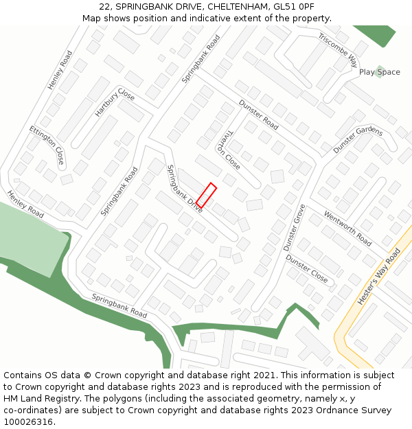 22, SPRINGBANK DRIVE, CHELTENHAM, GL51 0PF: Location map and indicative extent of plot