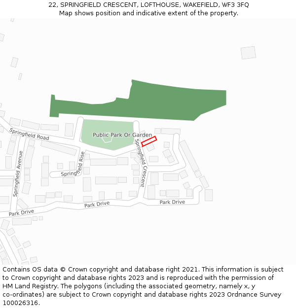 22, SPRINGFIELD CRESCENT, LOFTHOUSE, WAKEFIELD, WF3 3FQ: Location map and indicative extent of plot