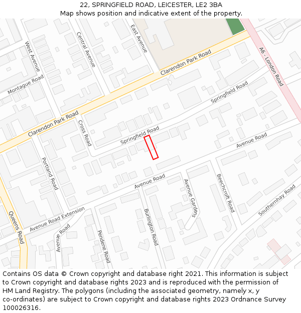 22, SPRINGFIELD ROAD, LEICESTER, LE2 3BA: Location map and indicative extent of plot