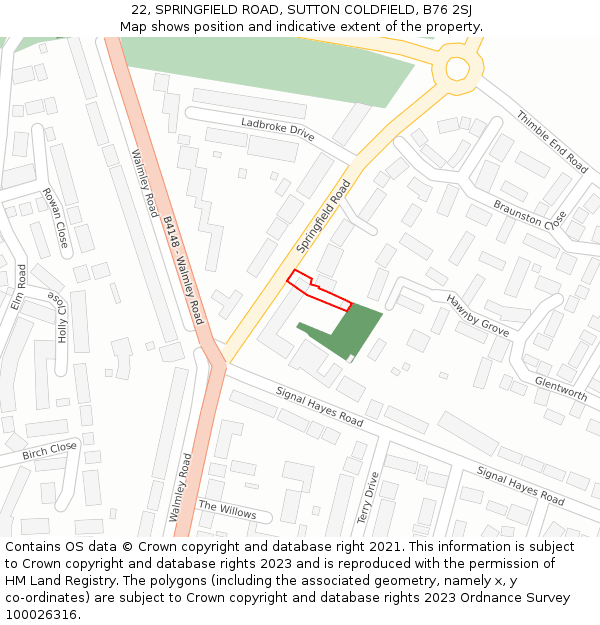 22, SPRINGFIELD ROAD, SUTTON COLDFIELD, B76 2SJ: Location map and indicative extent of plot