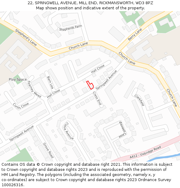 22, SPRINGWELL AVENUE, MILL END, RICKMANSWORTH, WD3 8PZ: Location map and indicative extent of plot