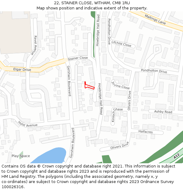 22, STAINER CLOSE, WITHAM, CM8 1RU: Location map and indicative extent of plot