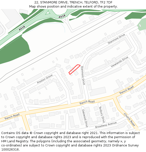22, STANMORE DRIVE, TRENCH, TELFORD, TF2 7DF: Location map and indicative extent of plot