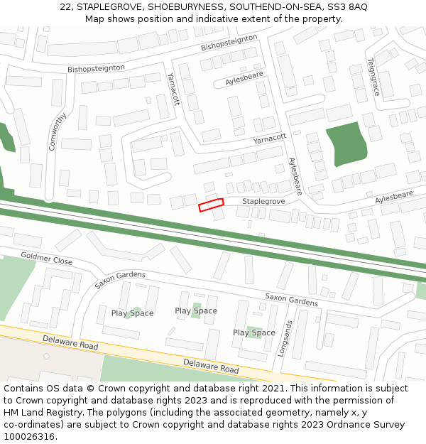 22, STAPLEGROVE, SHOEBURYNESS, SOUTHEND-ON-SEA, SS3 8AQ: Location map and indicative extent of plot
