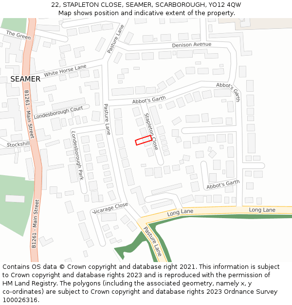 22, STAPLETON CLOSE, SEAMER, SCARBOROUGH, YO12 4QW: Location map and indicative extent of plot