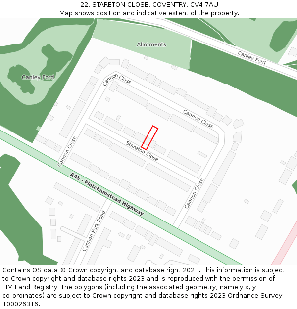 22, STARETON CLOSE, COVENTRY, CV4 7AU: Location map and indicative extent of plot