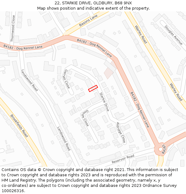 22, STARKIE DRIVE, OLDBURY, B68 9NX: Location map and indicative extent of plot