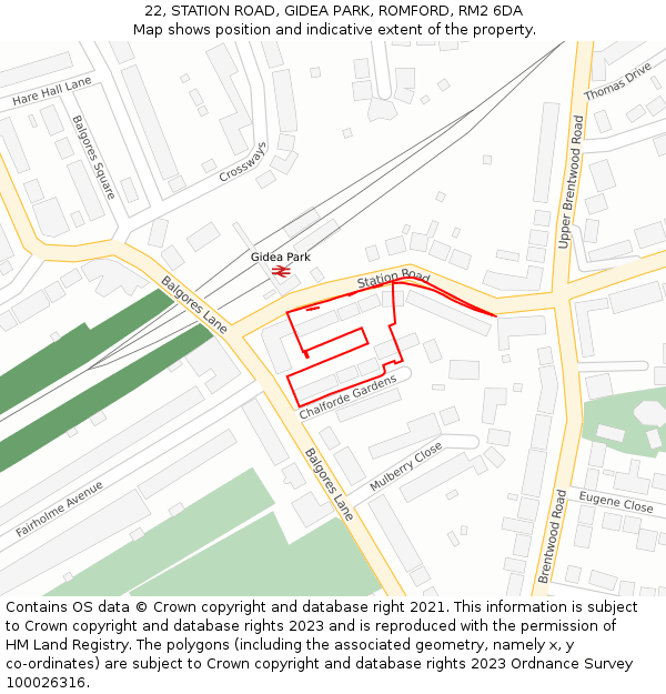 22, STATION ROAD, GIDEA PARK, ROMFORD, RM2 6DA: Location map and indicative extent of plot