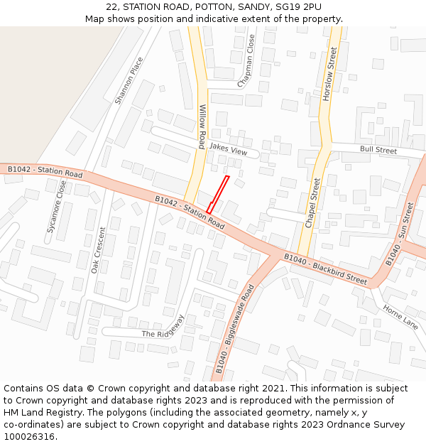 22, STATION ROAD, POTTON, SANDY, SG19 2PU: Location map and indicative extent of plot