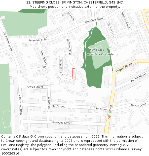 22, STEEPING CLOSE, BRIMINGTON, CHESTERFIELD, S43 1ND: Location map and indicative extent of plot