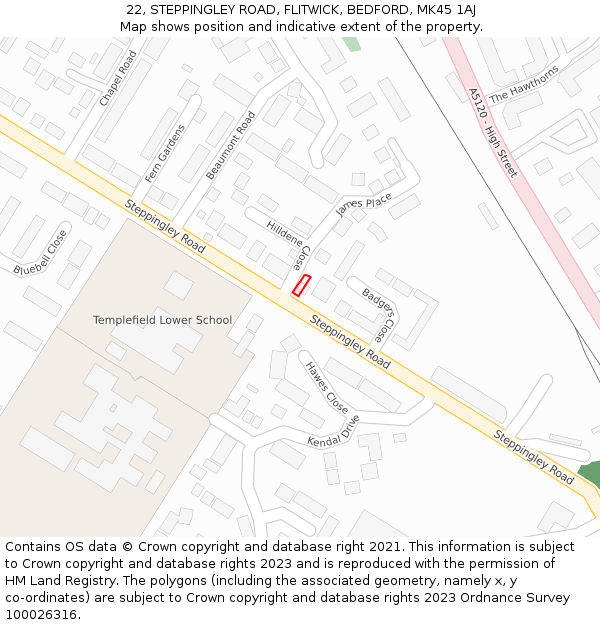22, STEPPINGLEY ROAD, FLITWICK, BEDFORD, MK45 1AJ: Location map and indicative extent of plot