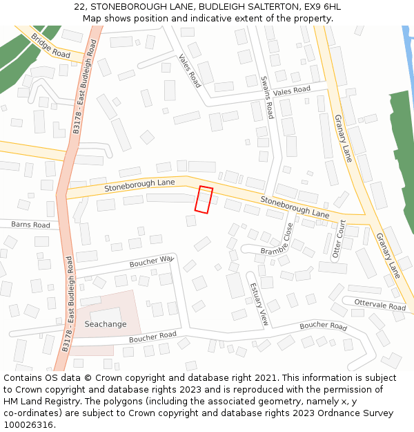 22, STONEBOROUGH LANE, BUDLEIGH SALTERTON, EX9 6HL: Location map and indicative extent of plot