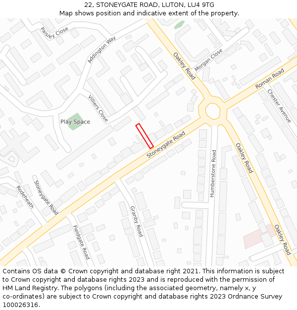 22, STONEYGATE ROAD, LUTON, LU4 9TG: Location map and indicative extent of plot