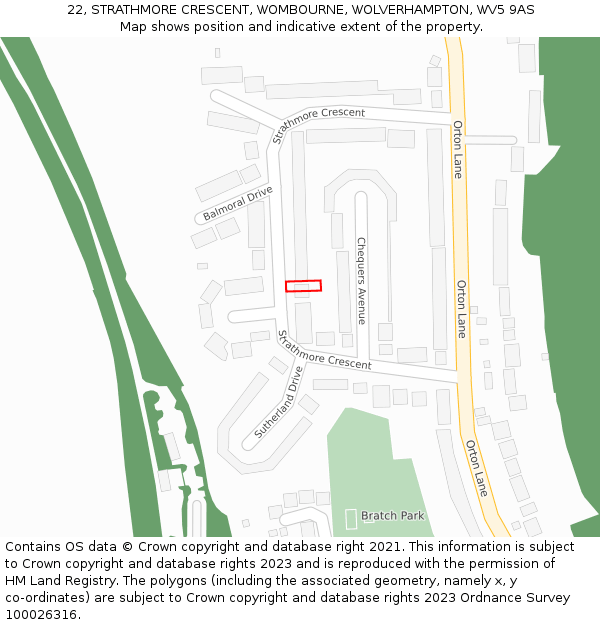 22, STRATHMORE CRESCENT, WOMBOURNE, WOLVERHAMPTON, WV5 9AS: Location map and indicative extent of plot