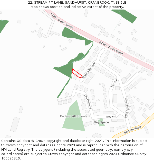 22, STREAM PIT LANE, SANDHURST, CRANBROOK, TN18 5LB: Location map and indicative extent of plot
