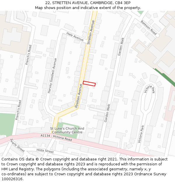 22, STRETTEN AVENUE, CAMBRIDGE, CB4 3EP: Location map and indicative extent of plot