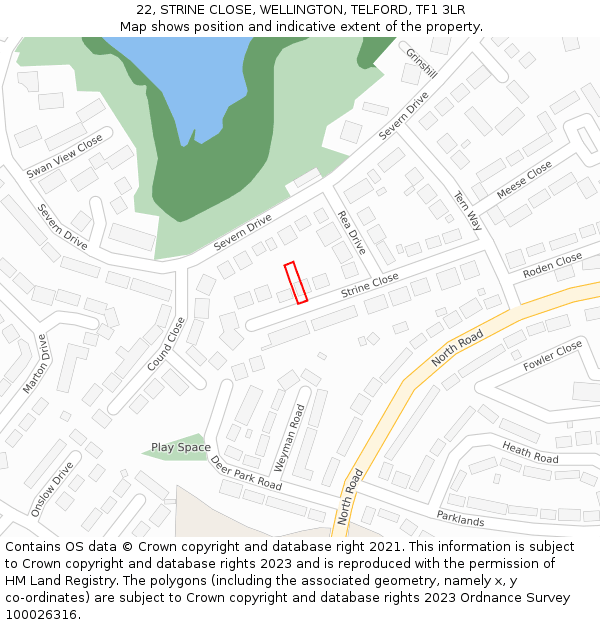 22, STRINE CLOSE, WELLINGTON, TELFORD, TF1 3LR: Location map and indicative extent of plot