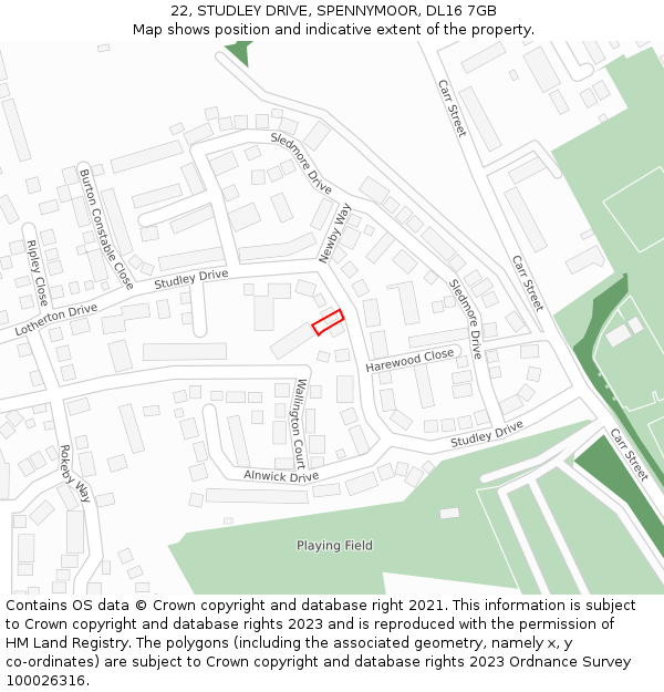 22, STUDLEY DRIVE, SPENNYMOOR, DL16 7GB: Location map and indicative extent of plot