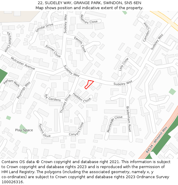 22, SUDELEY WAY, GRANGE PARK, SWINDON, SN5 6EN: Location map and indicative extent of plot