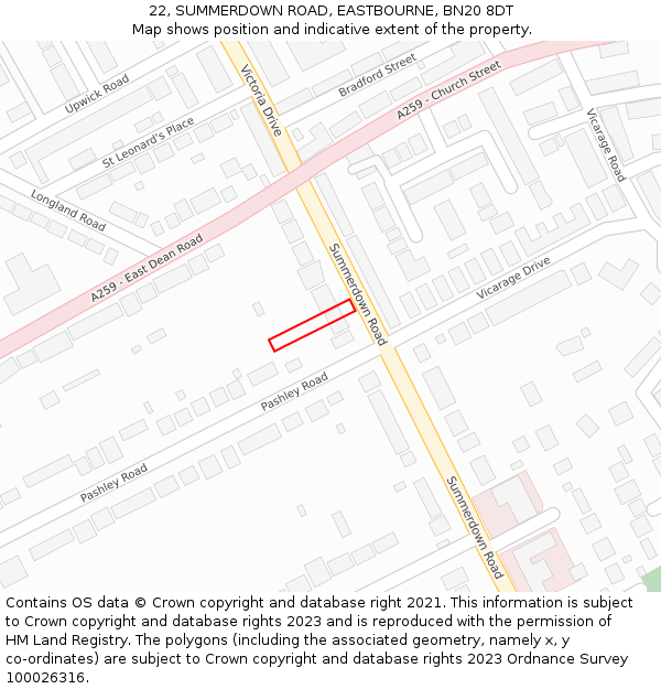 22, SUMMERDOWN ROAD, EASTBOURNE, BN20 8DT: Location map and indicative extent of plot