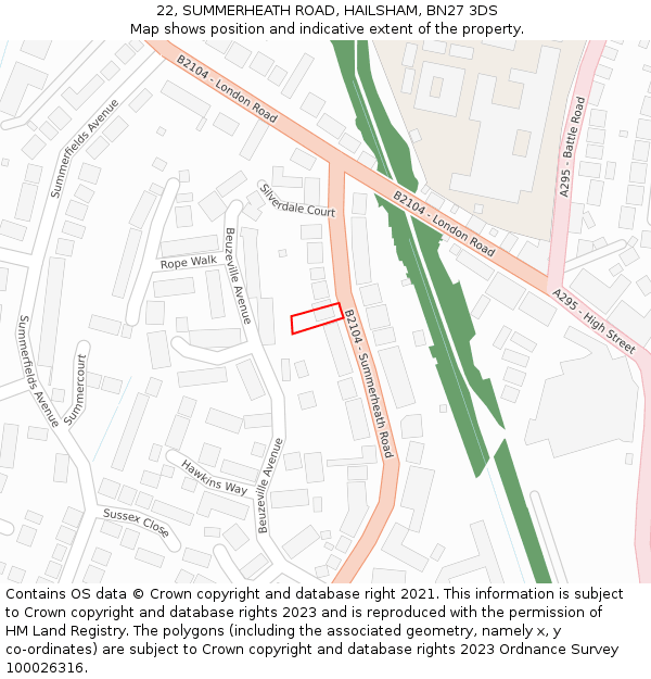 22, SUMMERHEATH ROAD, HAILSHAM, BN27 3DS: Location map and indicative extent of plot