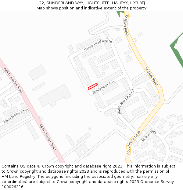 22, SUNDERLAND WAY, LIGHTCLIFFE, HALIFAX, HX3 8FJ: Location map and indicative extent of plot