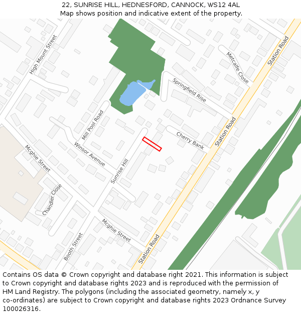 22, SUNRISE HILL, HEDNESFORD, CANNOCK, WS12 4AL: Location map and indicative extent of plot