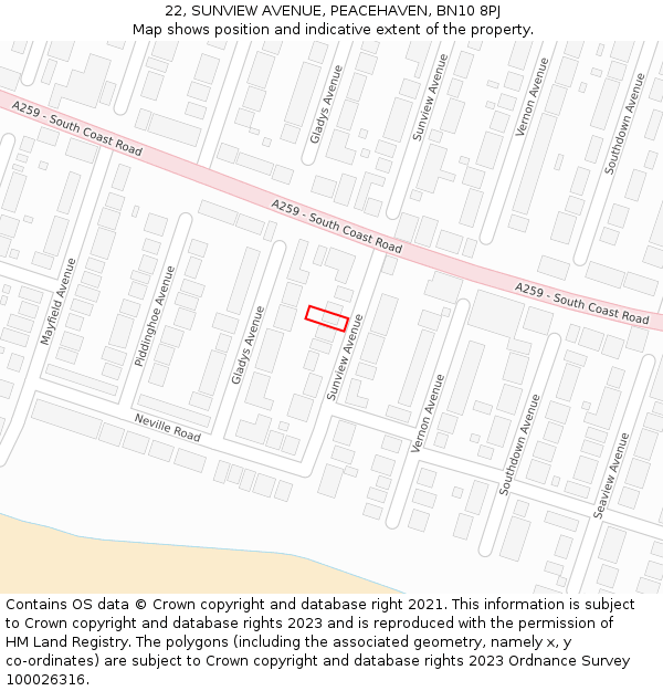 22, SUNVIEW AVENUE, PEACEHAVEN, BN10 8PJ: Location map and indicative extent of plot