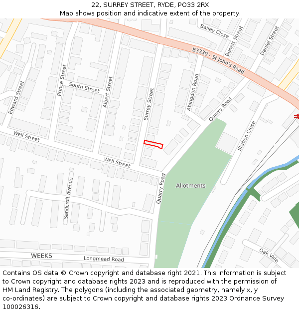 22, SURREY STREET, RYDE, PO33 2RX: Location map and indicative extent of plot