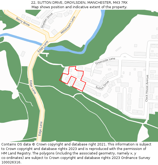 22, SUTTON DRIVE, DROYLSDEN, MANCHESTER, M43 7RX: Location map and indicative extent of plot